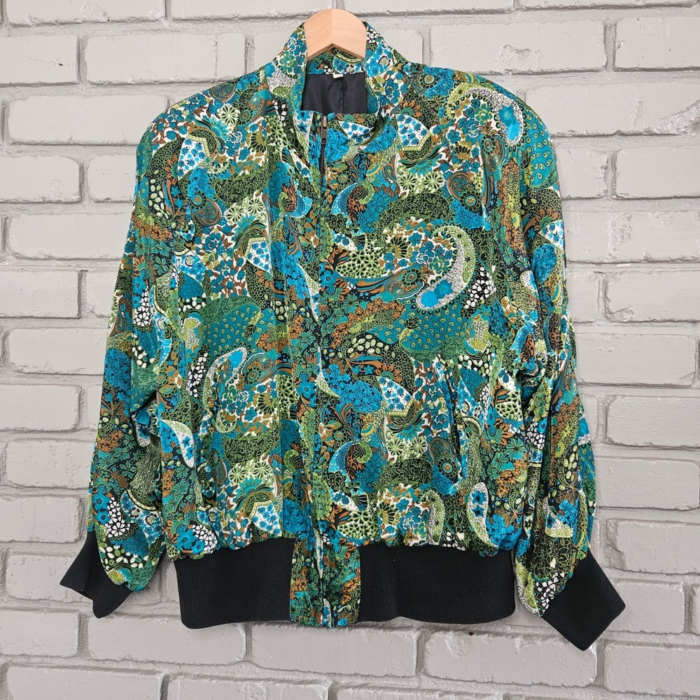 Vintage Psychedelic Paisley Floral Bomber Jacket Teal‎ Green Zip Up L/XL